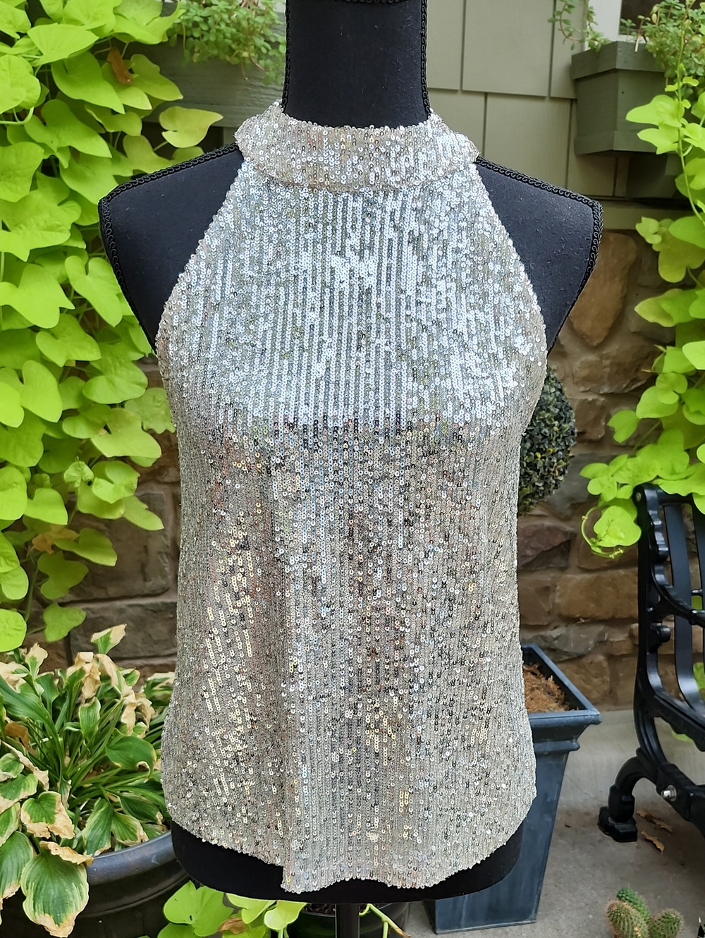 LOVE ON A HANGAR SILVER SEQUINED HALTER STYLE TOP